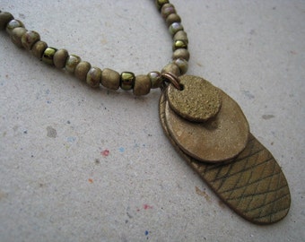 3 Bronze Gaming Pieces Stacked on Beaded Necklace - Bronze Pendant - Stacked Pendant