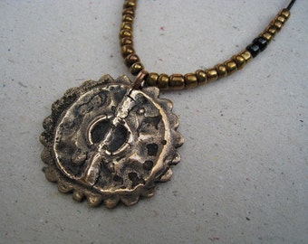 Hammered Oxidized Maya Bronze Pendant with Antique Metallic Bronze Glass Seed Beads - Bronze Necklace - Bead Necklace