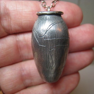 Artifact Inspired Egyptian Vessel Oxidized Fine Silver Necklace with Engraved Bull Vessel Necklace image 1