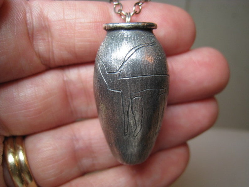 Artifact Inspired Egyptian Vessel Oxidized Fine Silver Necklace with Engraved Bull Vessel Necklace image 1