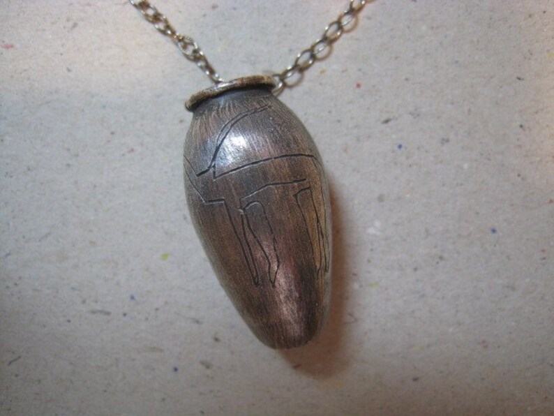 Artifact Inspired Egyptian Vessel Oxidized Fine Silver Necklace with Engraved Bull Vessel Necklace image 3