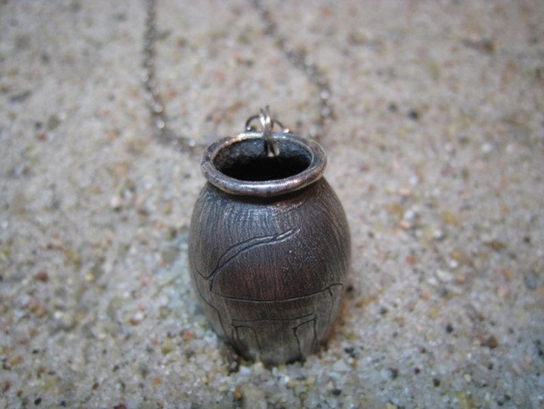 Artifact Inspired Egyptian Vessel Oxidized Fine Silver Necklace with Engraved Bull Vessel Necklace image 4