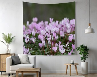 Cyclamen flowers photograph tapestry,  gifts for best friends birthday, decorative wall hanging, dining area wall decor, wildflower pictures