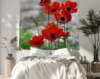 Red anemone wild flowers photo, wall tapestry, bed room decor, gifts for best friends birthday, blooming wildflowers, decor above headboard