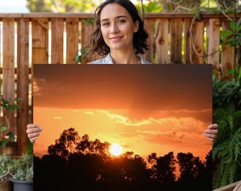 Orange Sunset Through Trees - Dramatic Sky Nature Poster Wall Art, dining area wall art