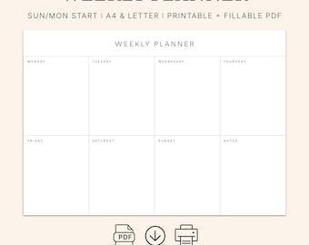 Druckbarer Wochenplaner im Querformat, Minimalistischer Wochenplaner, Wochenkalender, Woche auf einen Blick, Büroplaner, Schreibtischplaner, A4/Letter