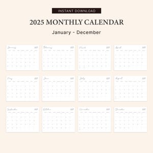 K&ouml;nnte beinhalten: Ein druckbarer Monatskalender f&uuml;r 2025 mit einem schlichten Design. Jeder Monat ist auf einer separaten Seite mit einem leeren Raster zum Eintragen von Terminen und Ereignissen.
