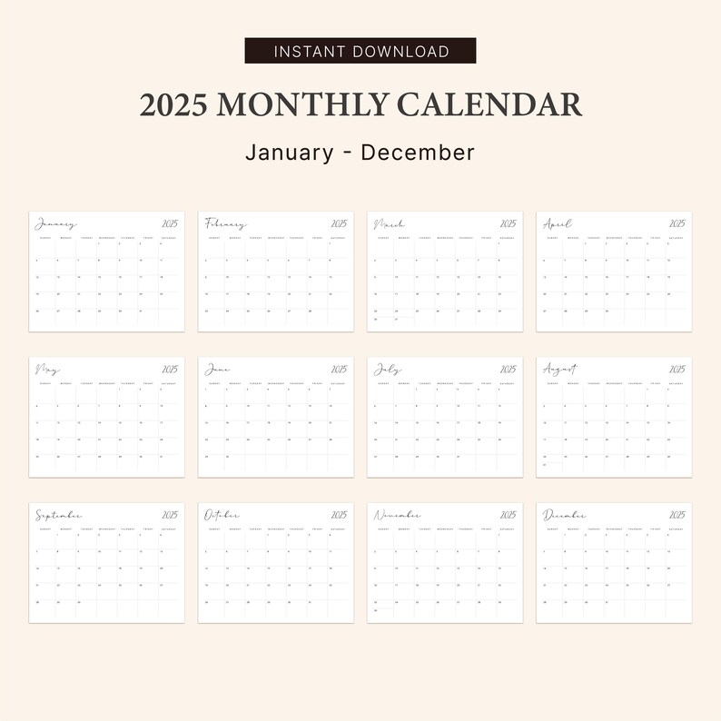 K&ouml;nnte beinhalten: Ein druckbarer Monatskalender f&uuml;r 2025 mit einem schlichten Design. Jeder Monat ist auf einer separaten Seite mit einem leeren Raster zum Eintragen von Terminen und Ereignissen.