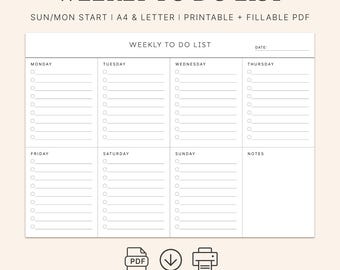 Weekly To Do List Printable, Weekly Task List Template, Weekly Planner, Week At a Glance, Weekly Organizer, A4/Letter Instant Download PDF