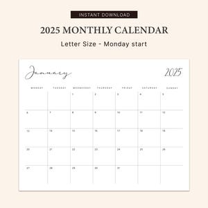 K&ouml;nnte beinhalten: Ein druckbarer Monatskalender f&uuml;r 2025 in Schwarzwei&szlig;, mit dem Monat Januar. Der Kalender beginnt mit Montag und ist im Format Letter.