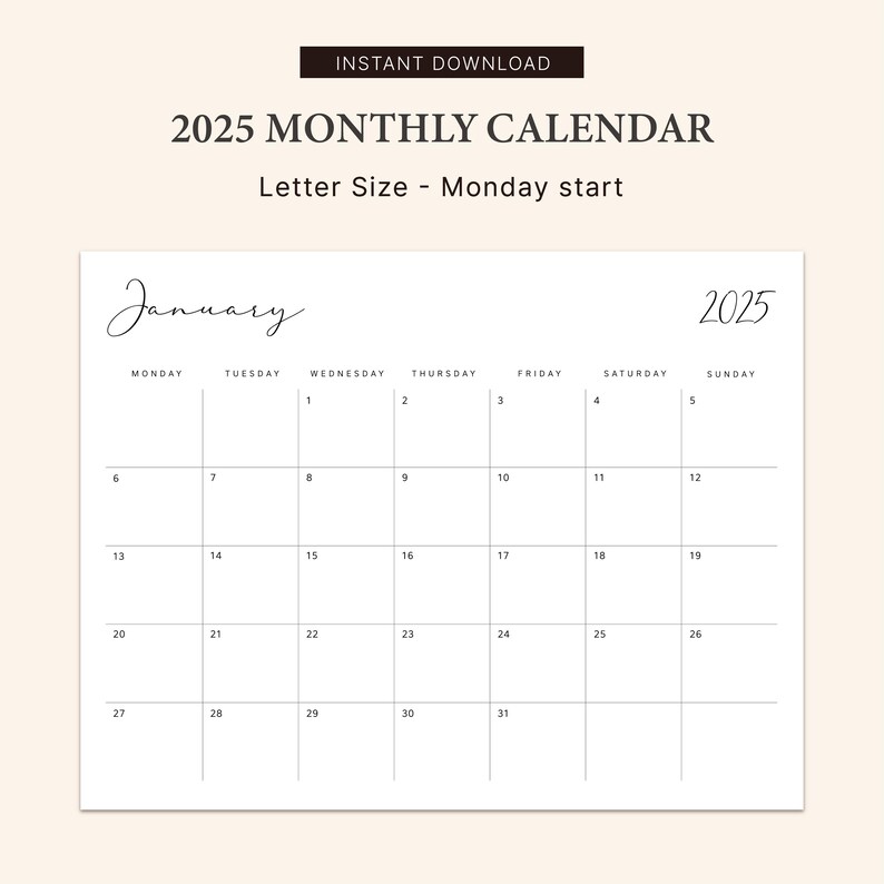 K&ouml;nnte beinhalten: Ein druckbarer Monatskalender f&uuml;r 2025 in Schwarzwei&szlig;, mit dem Monat Januar. Der Kalender beginnt mit Montag und ist im Format Letter.