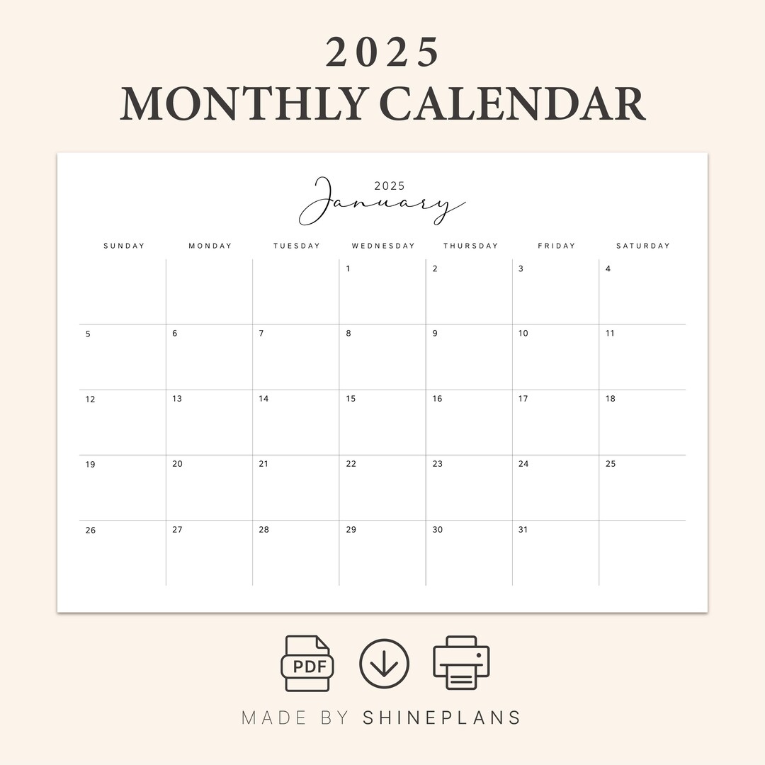 Printable Monthly Planner 2025 Minimalist Calendar 2025 Letter, A4 ...