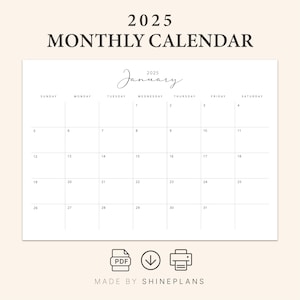 Printable Monthly Planner 2025 Minimalist Calendar 2025 Letter, A4 Monday & Sunday Start Instant Download