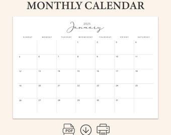 Printable Monthly Planner 2025 Minimalist Calendar 2025 Letter, A4 Monday & Sunday Start Instant Download