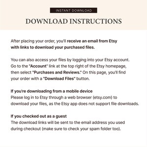 K&ouml;nnte beinhalten: Download-Anweisungen f&uuml;r digitale Dateien, die auf Etsy gekauft wurden. Die Anweisungen beinhalten, wie Sie Dateien nach einer Bestellung herunterladen, wie Sie auf Dateien &uuml;ber ein Etsy-Konto zugreifen und wie Sie Dateien von einem Mobilger&auml;t herunterladen.