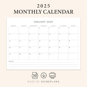 Calendar 2025 Monthly Planner Monthly Calendar Sunday & Monday Start A4 Letter Size PRINTABLE PDF
