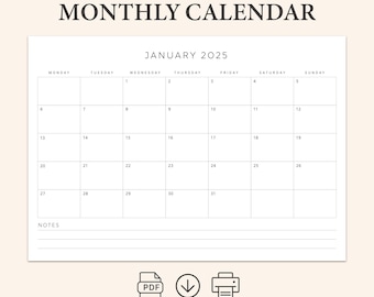 Calendar 2025 Monthly Planner Monthly Calendar Sunday & Monday Start A4 Letter Size PRINTABLE PDF