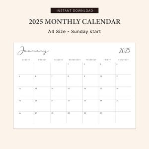 K&ouml;nnte beinhalten: Ein druckbarer Kalender f&uuml;r Januar 2025. Der Kalender ist so formatiert, dass der Sonntag der erste Tag der Woche ist. Der Kalender ist in Schwarzwei&szlig; und hat ein schlichtes Design.