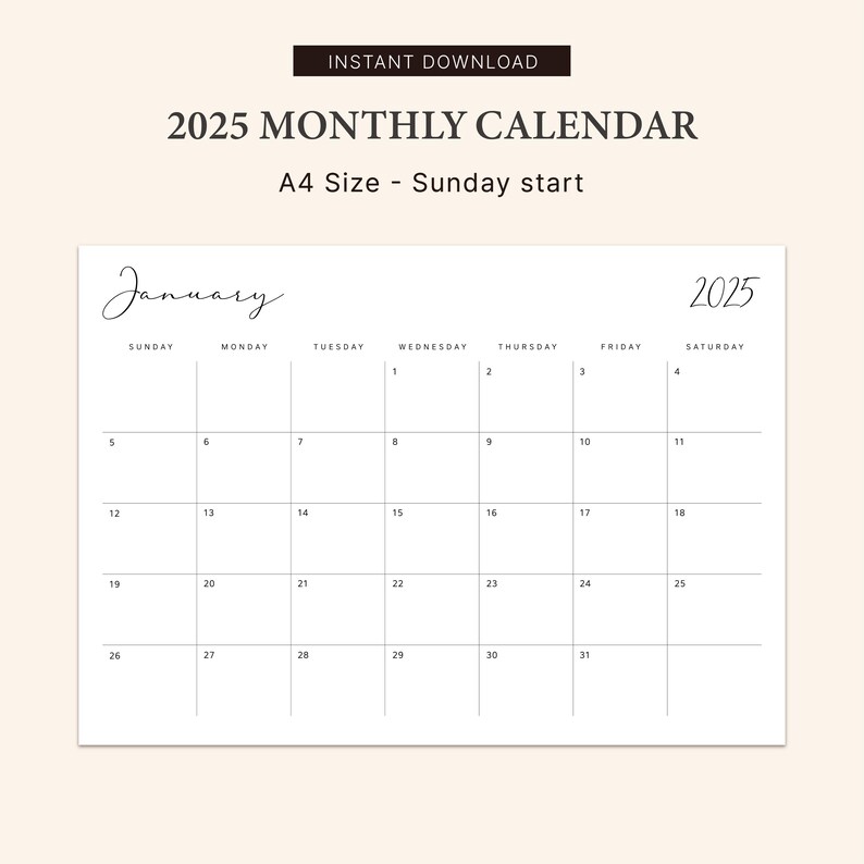 K&ouml;nnte beinhalten: Ein druckbarer Kalender f&uuml;r Januar 2025. Der Kalender ist so formatiert, dass der Sonntag der erste Tag der Woche ist. Der Kalender ist in Schwarzwei&szlig; und hat ein schlichtes Design.