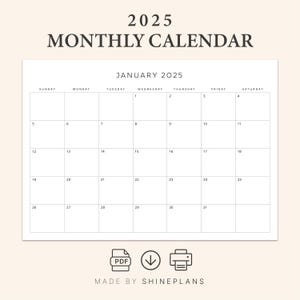 Printable 2025 Monthly Planner Minimalist Calendar Letter, A4 Monday & Sunday Start Instant Download
