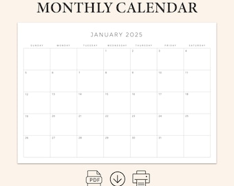 2025 Monatsplaner Minimalistischer Kalender Brief, A4 Montag & Sonntag Start Sofort-Download