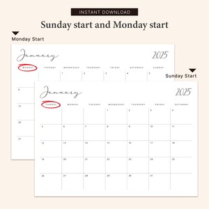 K&ouml;nnte beinhalten: Zwei druckbare Kalendervorlagen f&uuml;r Januar 2025. Der obere Kalender beginnt am Montag und der untere Kalender beginnt am Sonntag.