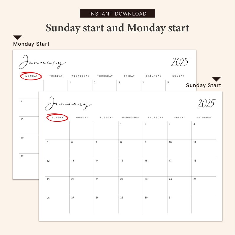 K&ouml;nnte beinhalten: Zwei druckbare Kalendervorlagen f&uuml;r Januar 2025. Der obere Kalender beginnt am Montag und der untere Kalender beginnt am Sonntag.