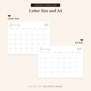 K&ouml;nnte beinhalten: Druckbarer Januar 2025 Kalender in den Formaten Letter und A4. Der Kalender ist schwarzwei&szlig; mit einem schlichten Design.