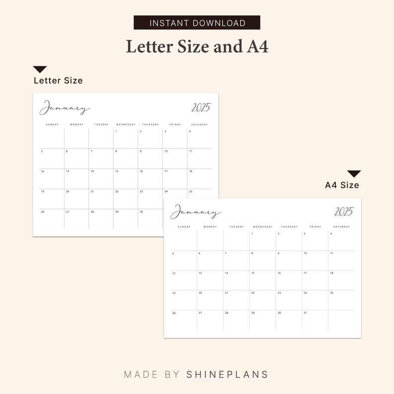 K&ouml;nnte beinhalten: Druckbarer Januar 2025 Kalender in den Formaten Letter und A4. Der Kalender ist schwarzwei&szlig; mit einem schlichten Design.