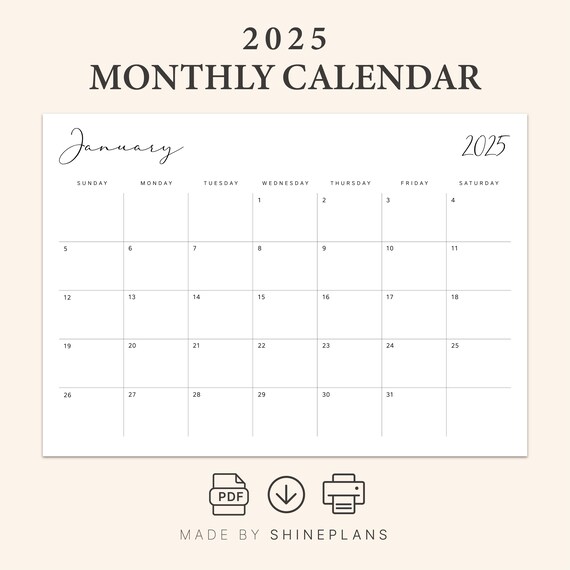 2025 Calendar 2025 Monthly Planner Sunday & Monday Start, Template for Goodnotes Ipad, A4 Letter Size Calendar PRINTABLE PDF