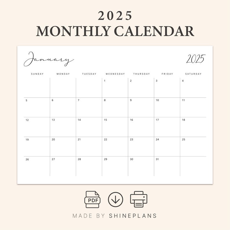 K&ouml;nnte beinhalten: Ein druckbarer Monatskalender f&uuml;r Januar 2025. Der Kalender ist in einem einfachen, minimalistischen Stil mit schwarzem Text auf wei&szlig;em Hintergrund gehalten. Die Wochentage sind oben aufgelistet, und die Zahlen f&uuml;r jeden Tag sind in der darunter liegenden Tabelle aufgelistet.