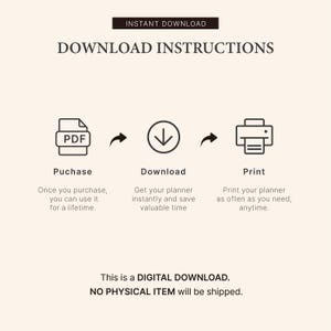 K&ouml;nnte beinhalten: Eine Anleitung zum digitalen Download in drei Schritten: Kauf, Download und Druck. Die Anleitung enth&auml;lt Symbole f&uuml;r eine PDF-Datei, einen Download-Pfeil und einen Drucker. Der Text besagt, dass der Kauf ein digitaler Download ist und kein physisches Produkt versandt wird.