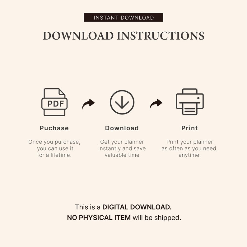K&ouml;nnte beinhalten: Eine Anleitung zum digitalen Download in drei Schritten: Kauf, Download und Druck. Die Anleitung enth&auml;lt Symbole f&uuml;r eine PDF-Datei, einen Download-Pfeil und einen Drucker. Der Text besagt, dass der Kauf ein digitaler Download ist und kein physisches Produkt versandt wird.
