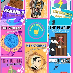 May include: A colorful collage of nine squares, each featuring a different historical period, with the text "ASSEMBLY BUNDLE" at the bottom. The squares depict the Stone Age, The Egyptian, The Olympians, Romans II, The Vikings, The Plague, The Romans, The Victorians, The Tudors, and World War II.