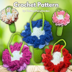 May include: A crochet pattern for a Fairy Flower Lipbalm Holder. The image displays several handmade flower-shaped lip balm holders in various colours, including pink, blue, and red, with green stems and handles. The text on the image says "Fairy Flower Lipbalm Holder Crochet Pattern".