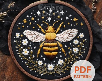 Bee Embroidery Pattern PDF – Floral Hand Embroidery with Daisies & Stars, Modern Bee Hoop Art, DIY Needlework for Beginners