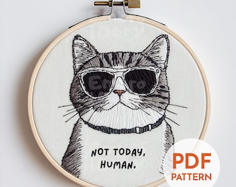 Cool Cat Hand Embroidery Pattern PDF - Funny Modern Embroidery Design - Beginner-Friendly Hoop Art Template - DIY Cat Lover Gift Idea