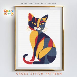 Picasso Inspired Cat Cross Stitch Pattern PDF - Abstract Modern Art Embroidery Design - Geometric DIY Needlework Kit Home Decor Gift Idea