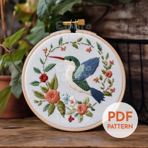Spring Hummingbird Hand Embroidery Pattern PDF, Hummingbird Pattern, Elegant Wildlife Embroidery Design, Floral Bird Embroidery Pattern