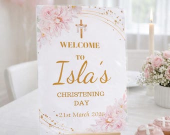Christening party welcome sign with wooden easel - A3 or A4
