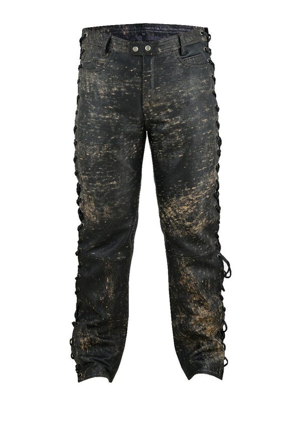 Pantalones de cuero negro para hombre con cordones laterales