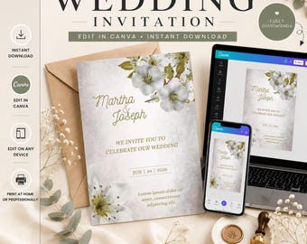 Editable White Floral Wedding Invitation – Elegant Classic Canva Template (Instant Download)
