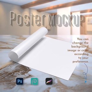 Maqueta de póster en rollo: plantilla PSD imprimible para pared de galería y exhibición de obras de arte, diseño de marco de Photoshop: fácil personalización