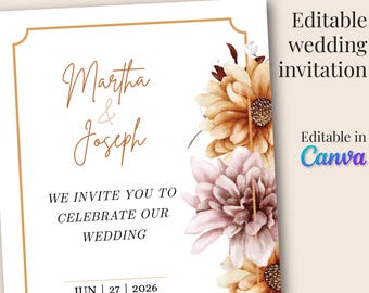 Fall Wedding Invitation Template Canva – Editable Autumn Floral Invite (Digital Download)