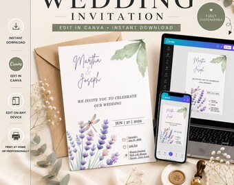 May include: An editable wedding invitation template featuring a lavender and dragonfly illustration, displayed on a laptop and smartphone screen alongside a printed card and envelope, with text reading Martha & Joseph and We Invite You To Celebrate Our Wedding.