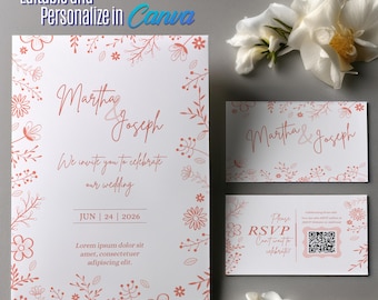 Boho Floral Wedding Invitation Set: Blush Pink, Editable Canva Template (Digital)