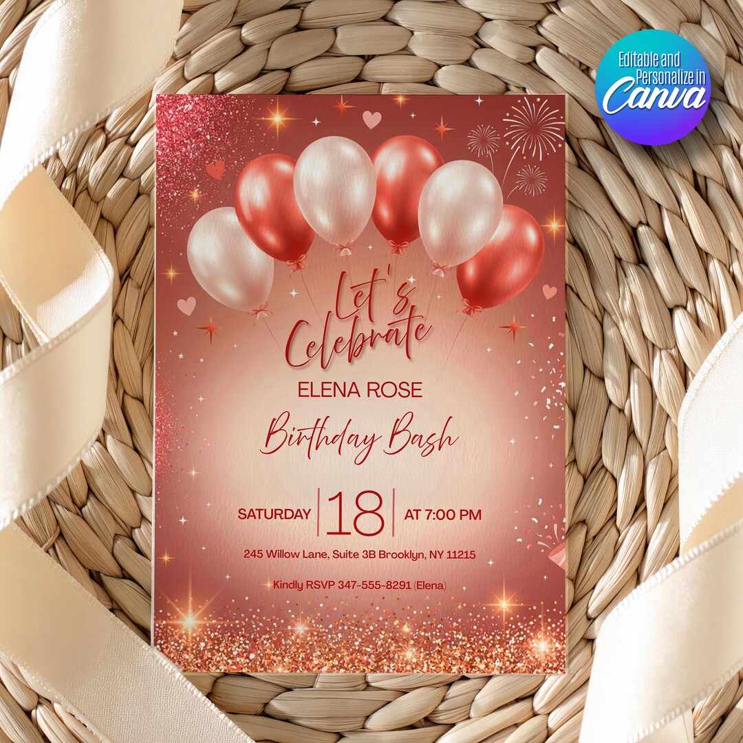 Red Birthday Invitation, Elegant Party Card, Balloon Fireworks Design ...