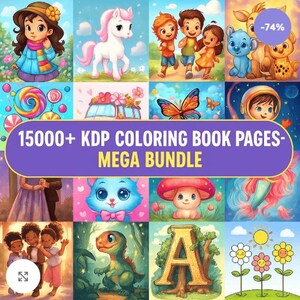 Op de afbeelding: Een kleurrijke digitale kunstcollage met verschillende cartoon illustraties. De afbeeldingen bevatten een meisje, een eenhoorn, rennende kinderen en schattige dieren. De tekst "15000+ KDP COLORING BOOK PAGES - MEGA BUNDLE" wordt weergegeven op een paarse banner.
