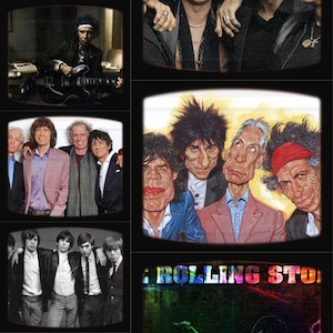 Op de afbeelding: Een collage van afbeeldingen met de Rolling Stones. Bevat een zwart-witfoto van de band, een karikatuur en een foto van Keith Richards die gitaar speelt. Het Rolling Stones-logo is ook zichtbaar.