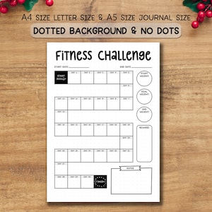 Puede incluir: Un diario de desafío de fitness en blanco y negro con el título "Fitness Challenge" en la parte superior. El diario incluye espacios para las fechas de inicio y fin, el seguimiento diario y la fijación de objetivos. El texto "A4 SIZE LETTER SIZE & A5 SIZE JOURNAL SIZE" está en la parte superior.